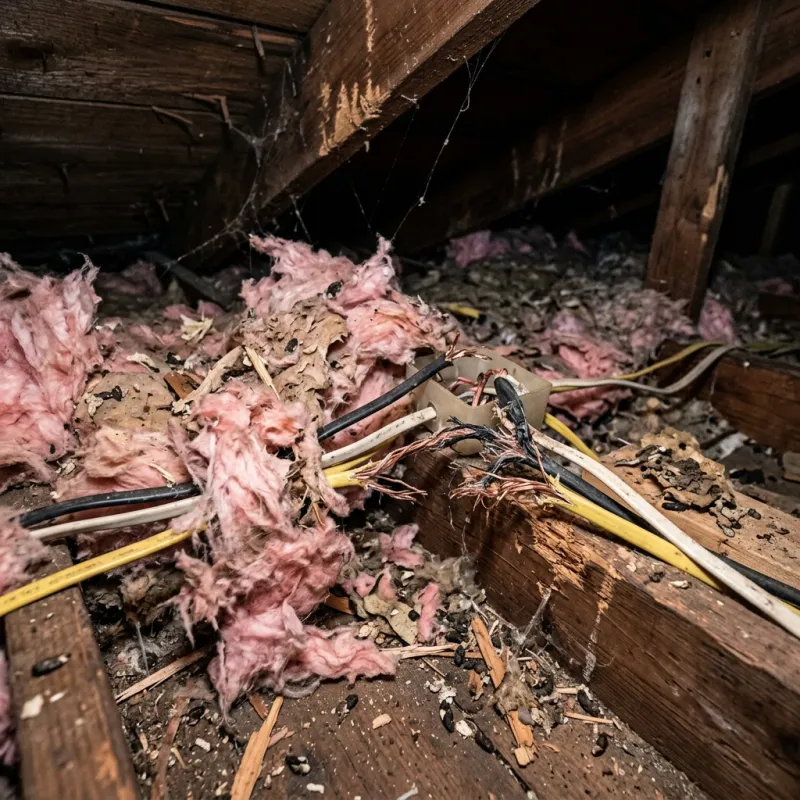 Contaminated ceiling insulation being assessed in a Batesford roof space
