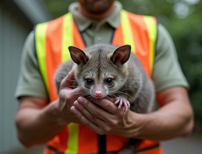 Animal handler safely recovering a deceased possum in Batesford